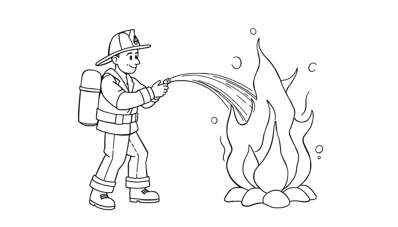 Placa de color para colorear de un bombero valiente apagando un fuego.