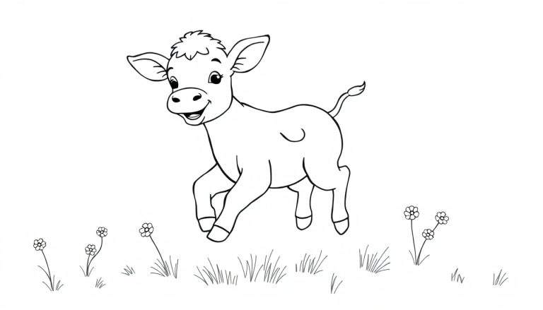 Una placa de color de un ternero de dibujos animados feliz corriendo en un prado.