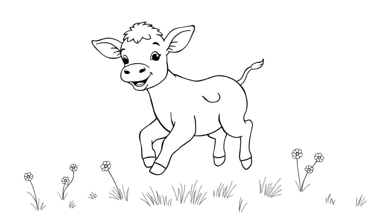 Una placa de color de un ternero de dibujos animados feliz corriendo en un prado.