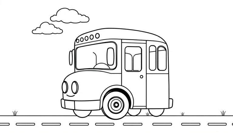 Autobús escolar de dibujos animados en blanco y negro listo para colorear. Autobús escolar sonriente con neumáticos grandes y nubes encima.