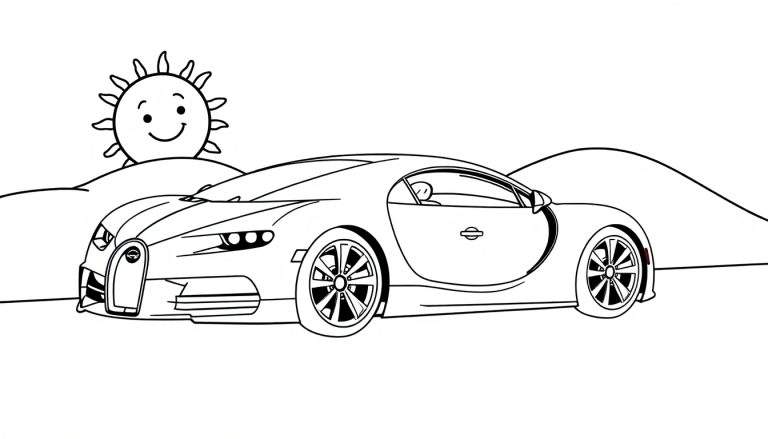 Placa de color de un coche deportivo Bugatti con un sol sonriente y colinas.