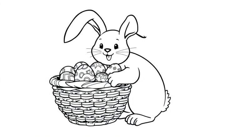 Placa de color de un conejito de Pascua con orejas largas junto a una cesta de huevos de Pascua para colorear.