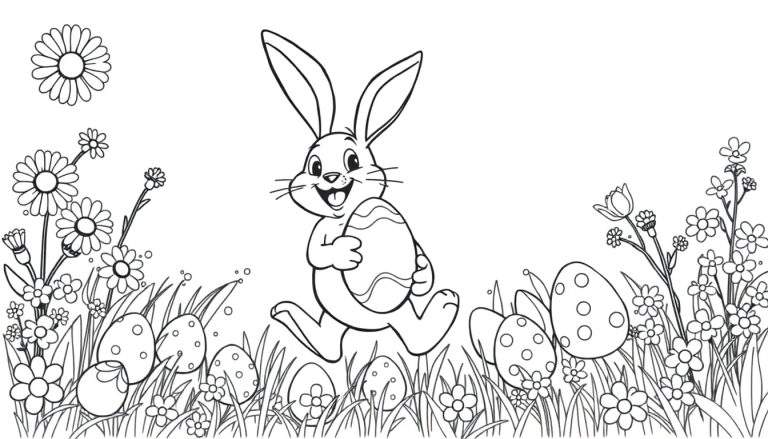Placa de color de un conejo de Pascua corriendo con un huevo en un campo de flores.