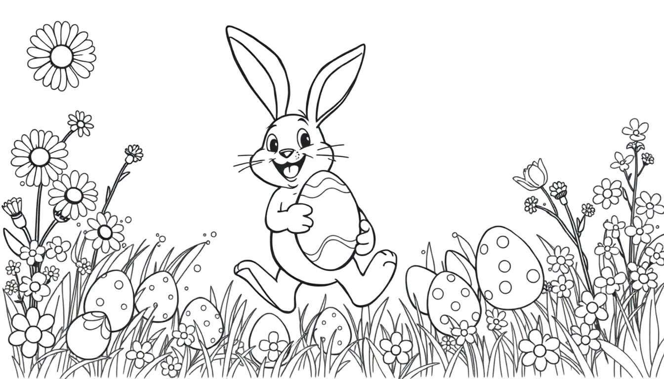 Placa de color de un conejo de Pascua corriendo con un huevo en un campo de flores.
