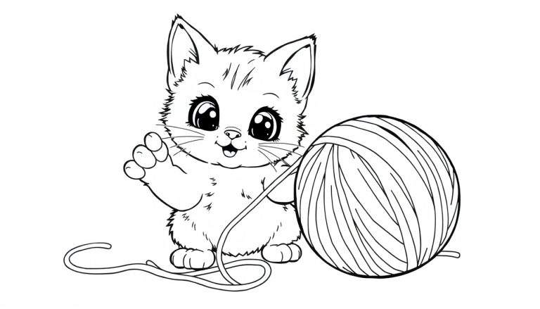 Placa de color de un gatito jugando con un ovillo de lana.