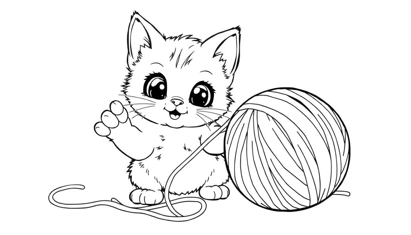 Placa de color de un gatito jugando con un ovillo de lana.