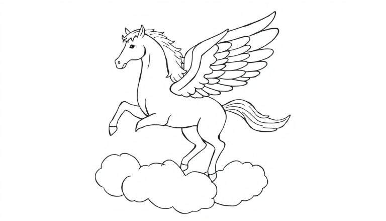 Placa de color de un Pegaso listo para ser pintado, con alas extendidas sobre nubes.