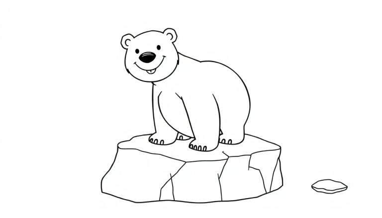 Un oso polar sonriente de dibujos animados sobre un trozo de hielo, listo para ser coloreado. Una placa de color en blanco y negro.
