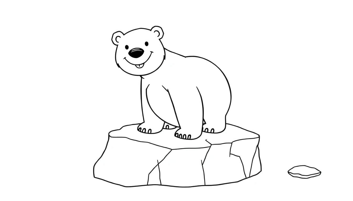 Un oso polar sonriente de dibujos animados sobre un trozo de hielo, listo para ser coloreado. Una placa de color en blanco y negro.