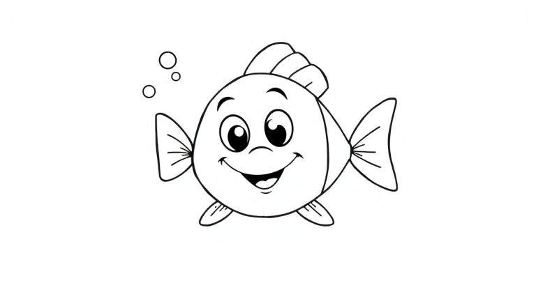 Un simpático pez de dibujos animados sonriendo con grandes ojos brillantes, aletas y burbujas, listo para colorear en una placa de color.