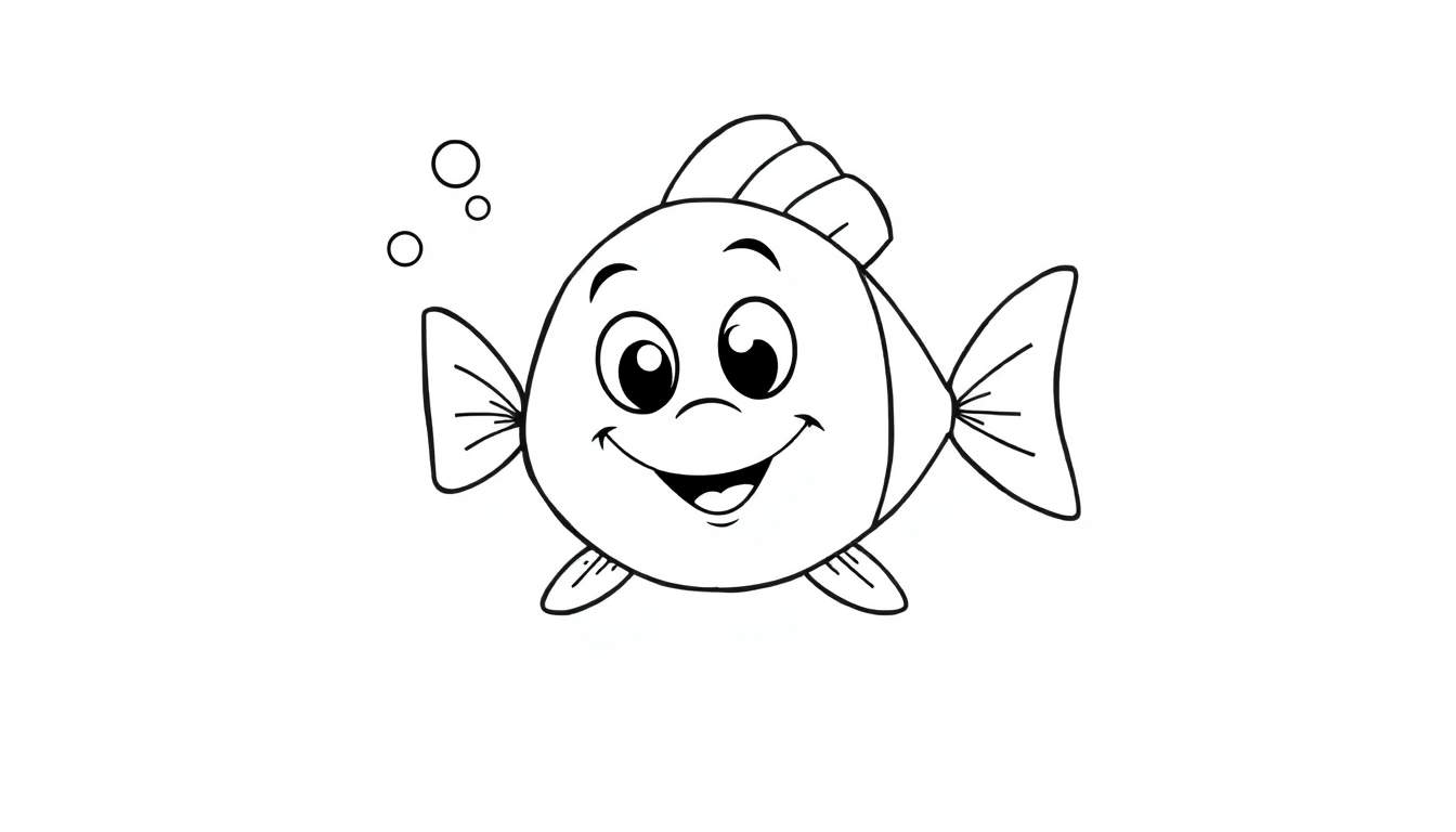 Un simpático pez de dibujos animados sonriendo con grandes ojos brillantes, aletas y burbujas, listo para colorear en una placa de color.