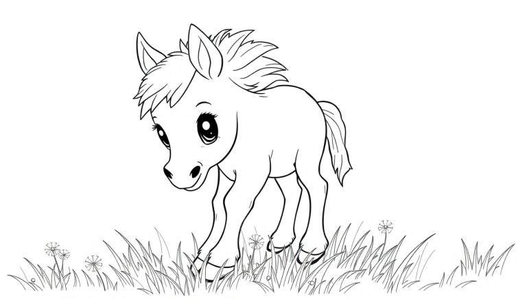 Una placa de color de un poni de dibujos animados en un prado con dientes de león.