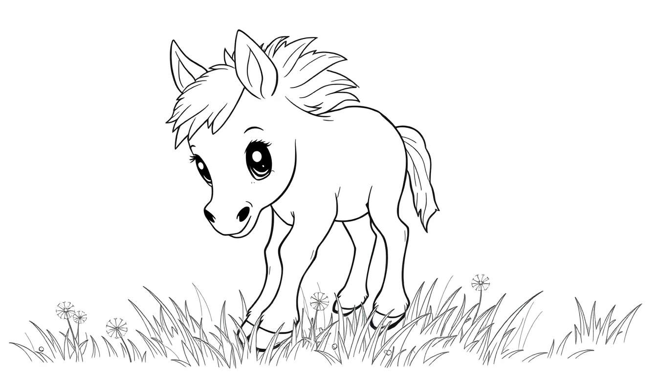 Una placa de color de un poni de dibujos animados en un prado con dientes de león.