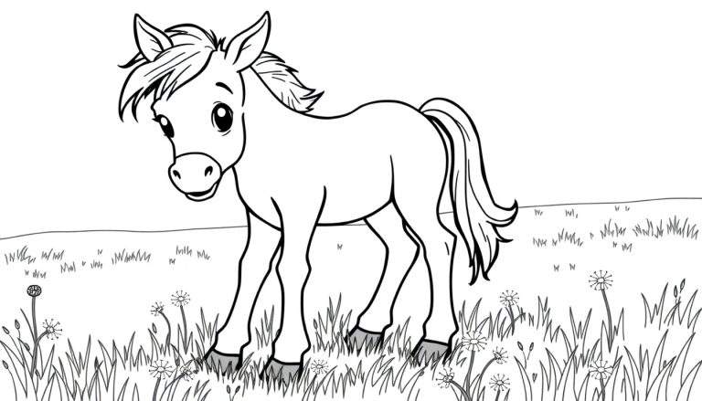 Caballo blanco de dibujos animados en un prado listo para colorear, una placa de color esperando