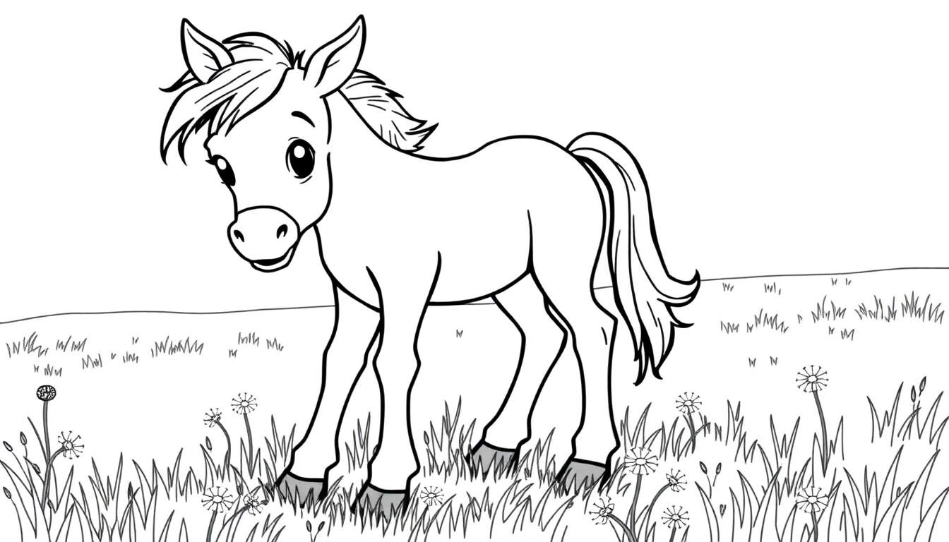 Caballo blanco de dibujos animados en un prado listo para colorear, una placa de color esperando