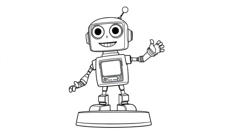 Un robot de dibujos animados para colorear saludando con la mano, listo para la diversión de la placa de color.
