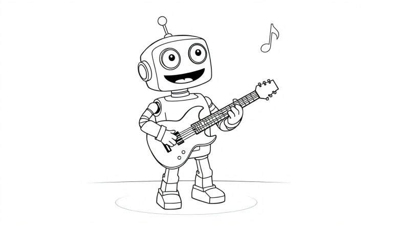 Un robot amigable de dibujos animados con una cabeza cuadrada, ojos grandes y una antena, tocando una guitarra eléctrica. Una nota musical flota cerca. Esta es una placa de color lista para dibujar.