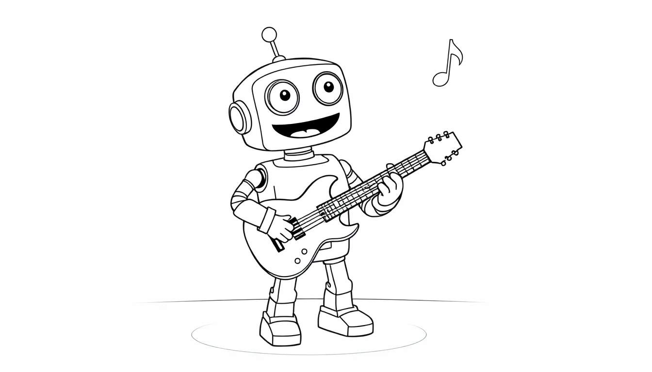 Un robot amigable de dibujos animados con una cabeza cuadrada, ojos grandes y una antena, tocando una guitarra eléctrica. Una nota musical flota cerca. Esta es una placa de color lista para dibujar.