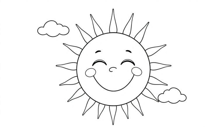 Placa de color de un sol sonriente con rayos triangulares y nubes.