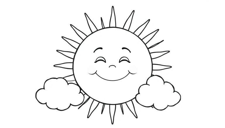Placa de color de un sol sonriente con nubes.