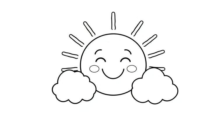 Una placa de color con un sol sonriente y nubes amigables para colorear.