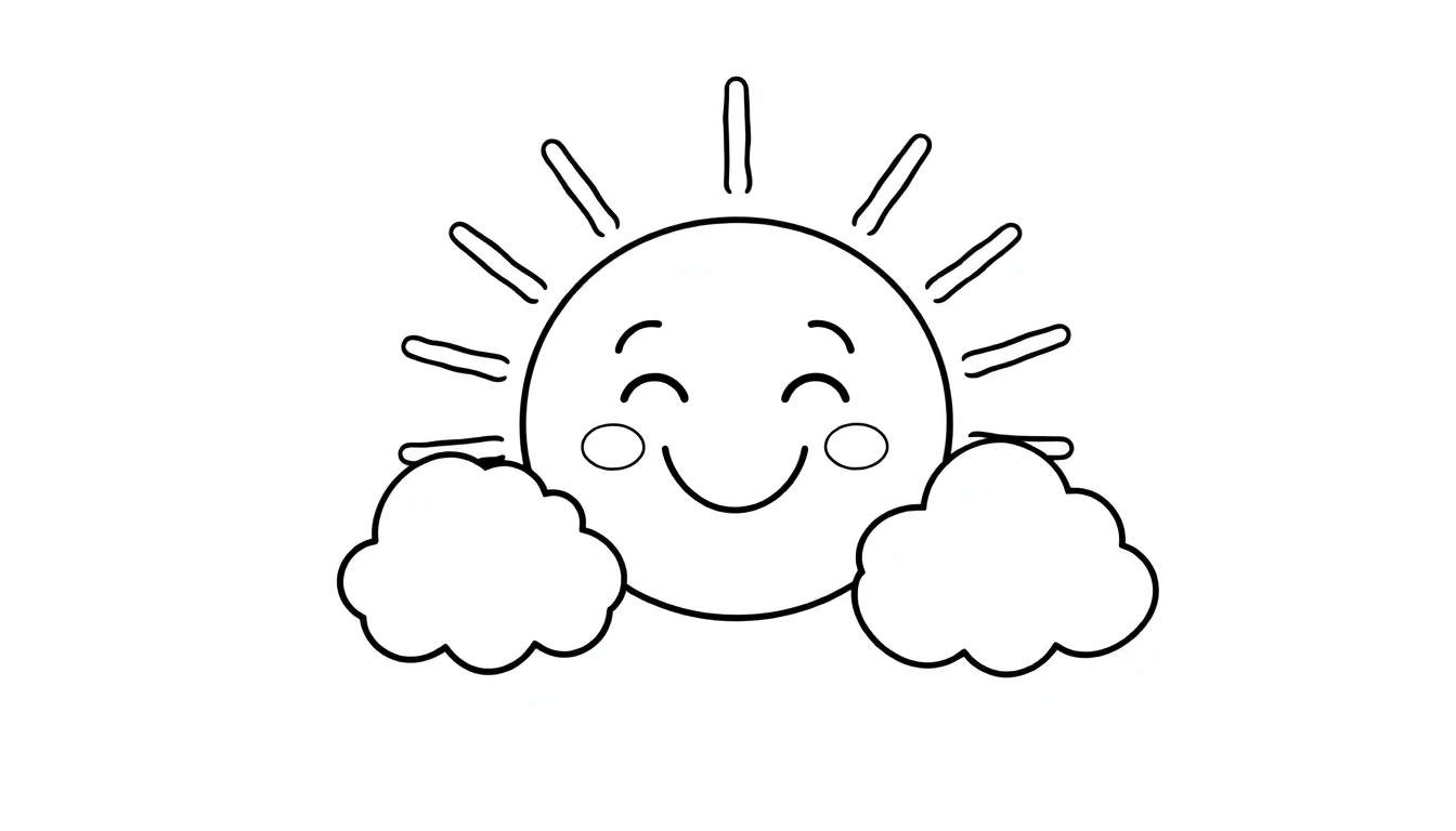 Una placa de color con un sol sonriente y nubes amigables para colorear.