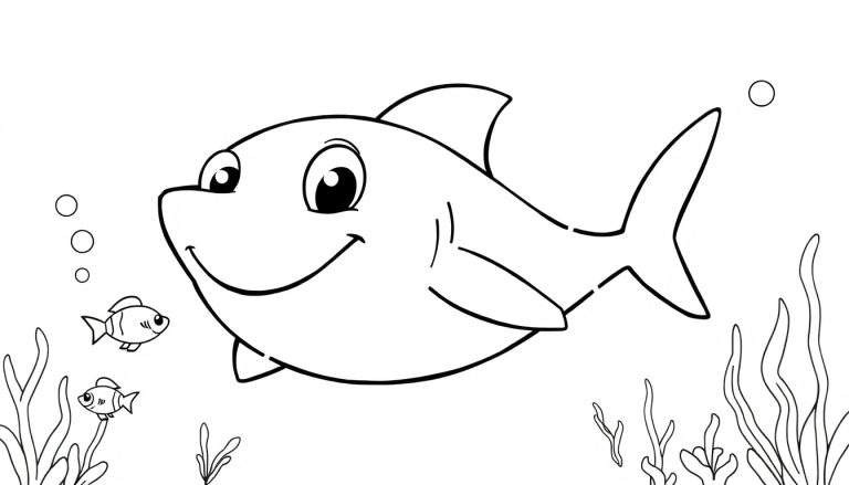 Una placa de color en blanco y negro de un tiburón sonriente y caricaturesco nadando con peces pequeños y plantas marinas.