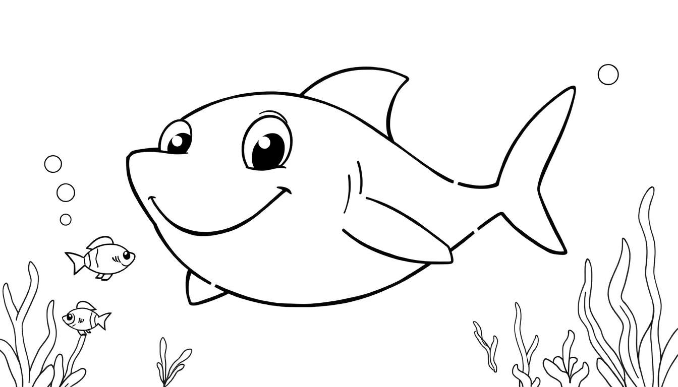 Una placa de color en blanco y negro de un tiburón sonriente y caricaturesco nadando con peces pequeños y plantas marinas.