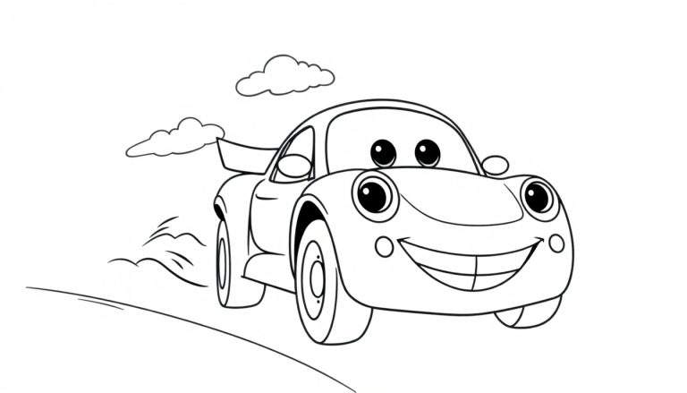 Placa de color de un coche de carreras sonriente con ruedas grandes, listo para ser coloreado.