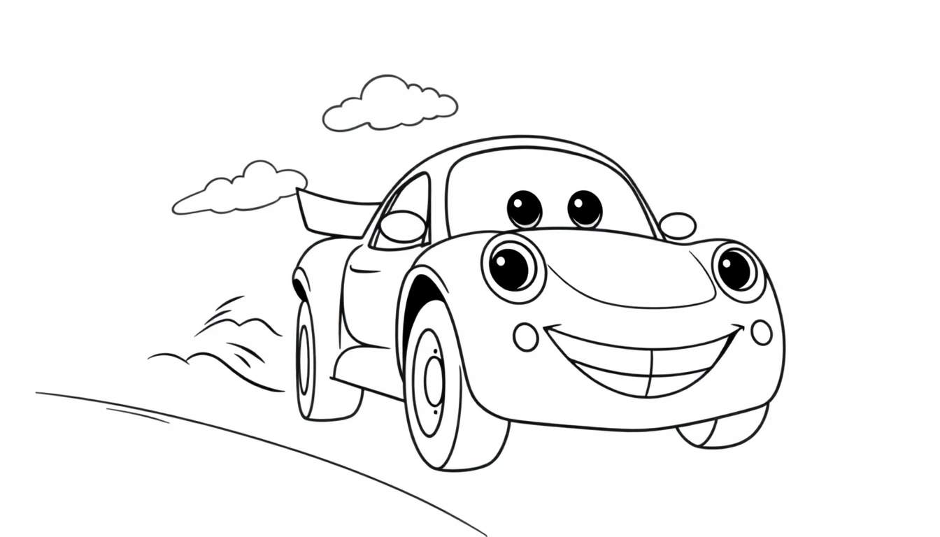 Placa de color de un coche de carreras sonriente con ruedas grandes, listo para ser coloreado.