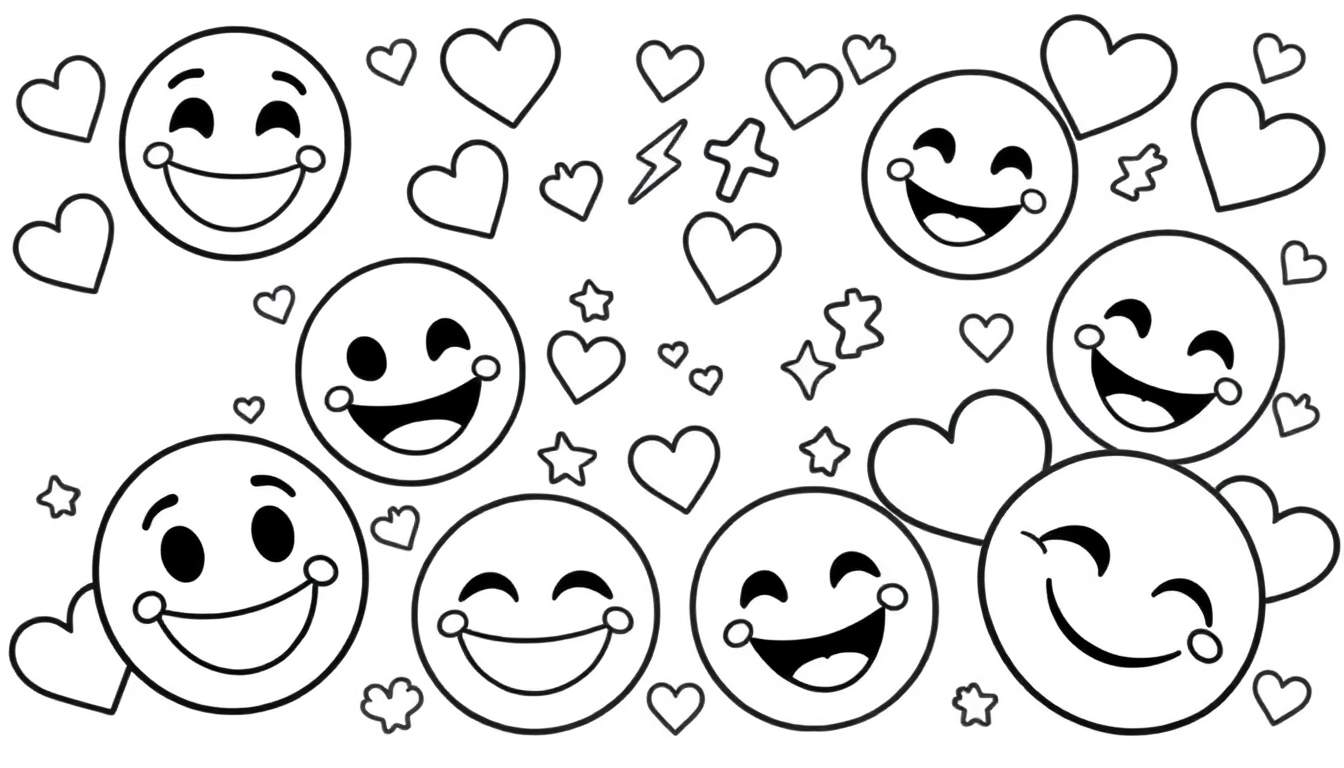 Placa de color con divertidos emojis y corazones para colorear.