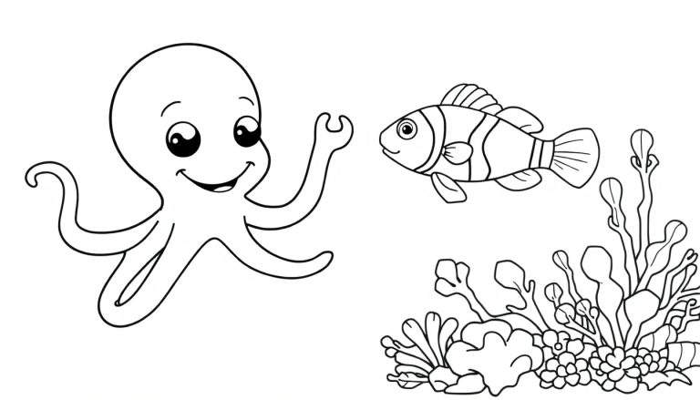 Una placa de color para colorear con un pulpo sonriente y un pez payaso.