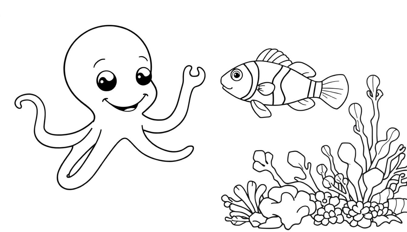 Una placa de color para colorear con un pulpo sonriente y un pez payaso.