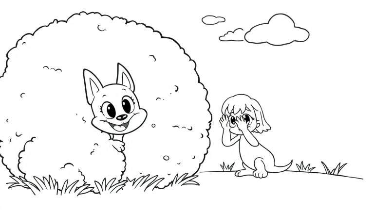 Página para colorear de Bluey y Bingo jugando a las escondidas, mostrando a Bingo escondiéndose detrás de un arbusto y Bluey buscándola, ambos en un estilo lindo de dibujos animados.