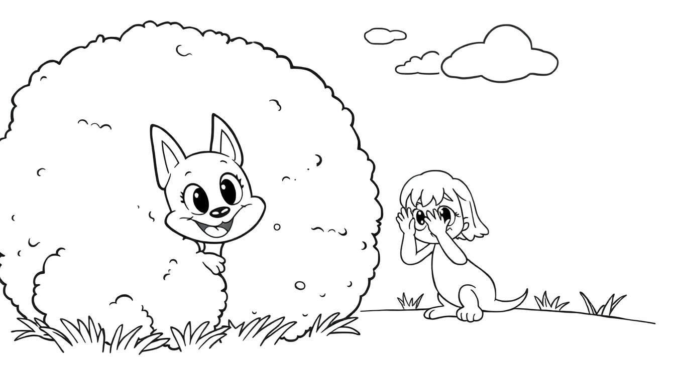 Página para colorear de Bluey y Bingo jugando a las escondidas, mostrando a Bingo escondiéndose detrás de un arbusto y Bluey buscándola, ambos en un estilo lindo de dibujos animados.