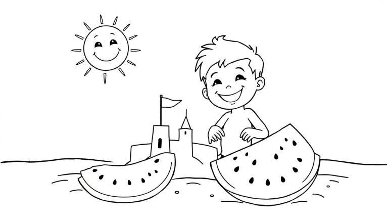 Página para colorear de verano con un sol sonriente, un niño, sandía y un castillo de arena en la playa, lista para ser coloreada.