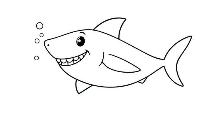 Un tiburón sonriente con burbujas, listo para colorear en una placa.