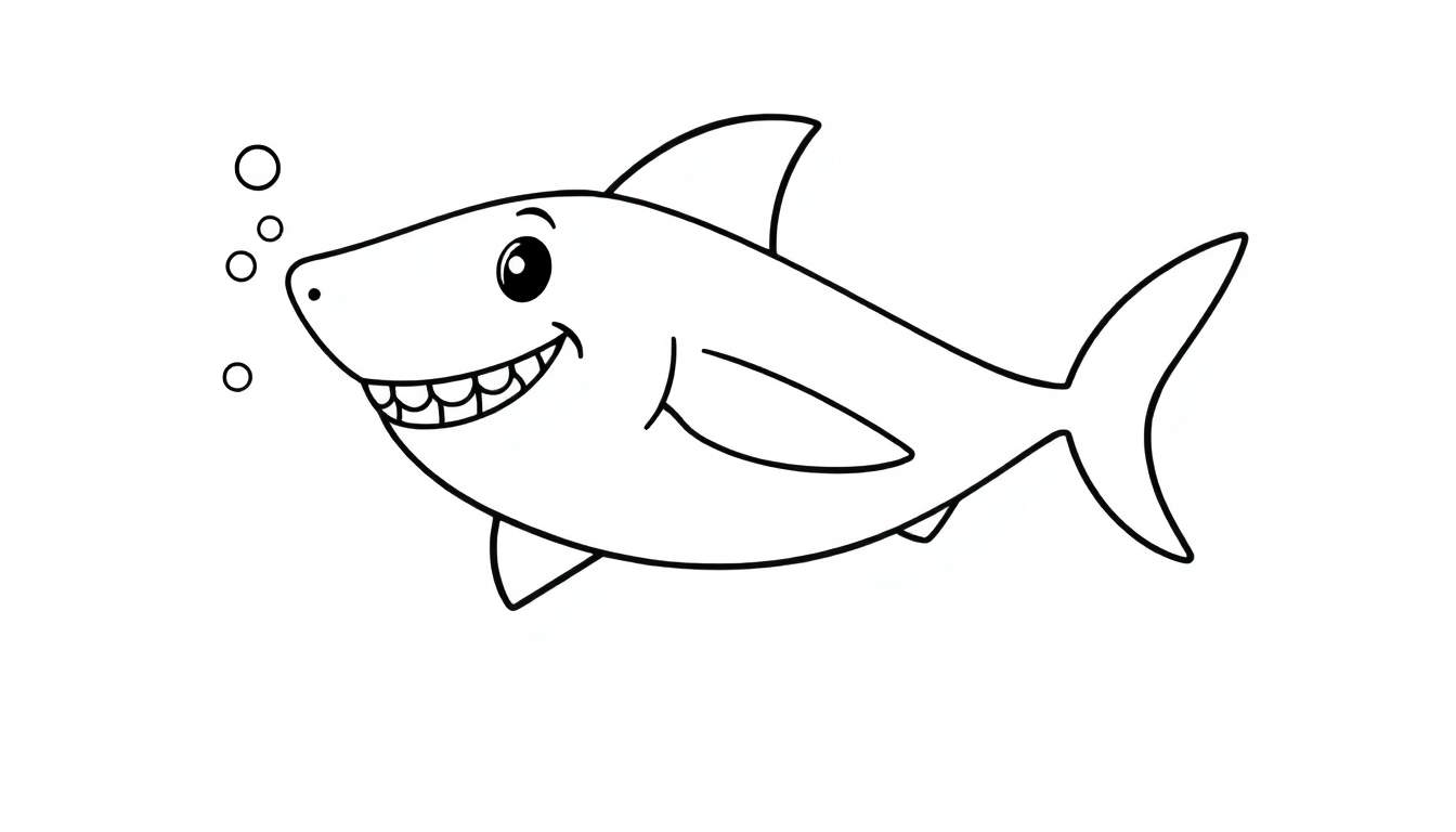 Un tiburón sonriente con burbujas, listo para colorear en una placa.