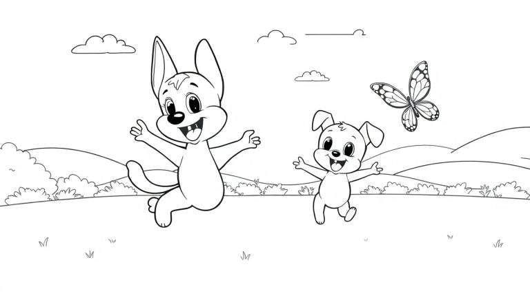 Página para colorear de Bluey y Bingo jugando en el parque, con contornos gruesos para colorear.