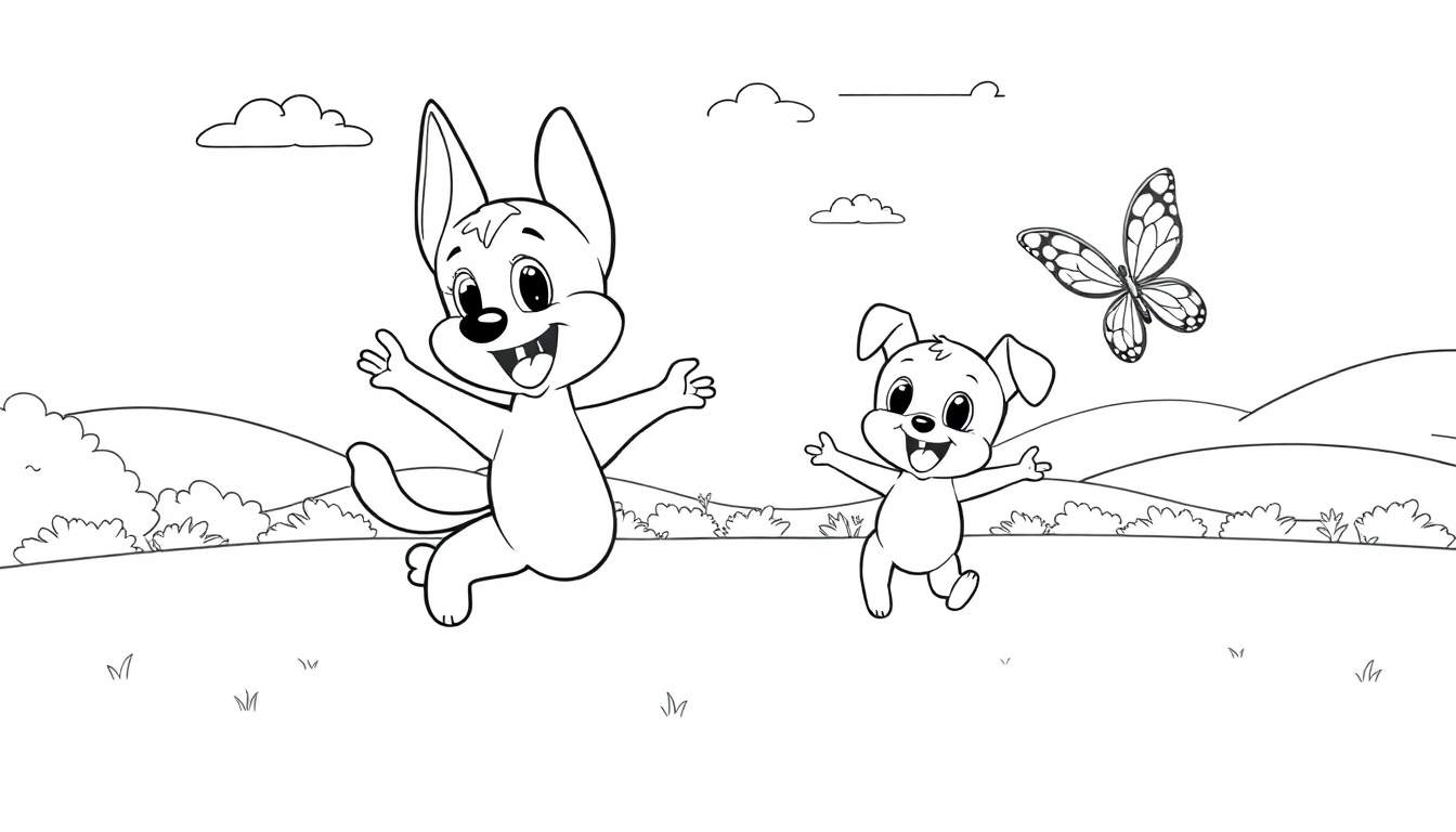 Página para colorear de Bluey y Bingo jugando en el parque, con contornos gruesos para colorear.