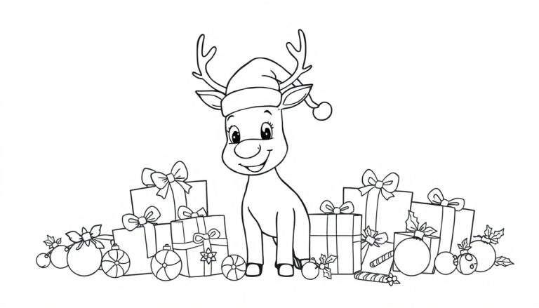 Página para colorear de Navidad: un reno amigable con un gorro de Papá Noel, rodeado de montones de regalos y adornos festivos, listo para ser coloreado.