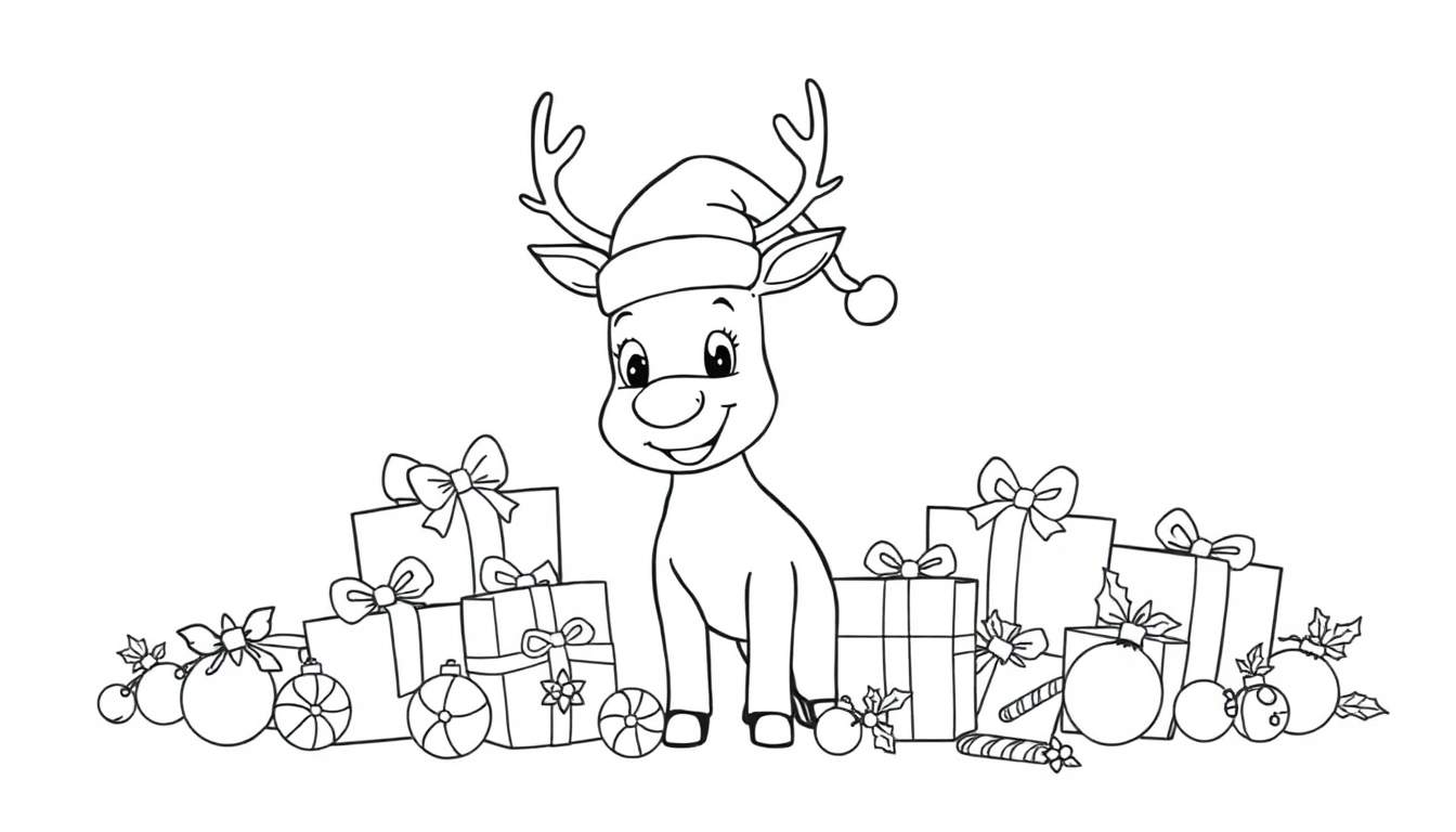 Página para colorear de Navidad: un reno amigable con un gorro de Papá Noel, rodeado de montones de regalos y adornos festivos, listo para ser coloreado.