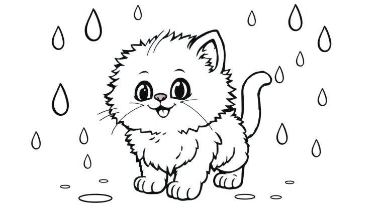 Una placa para colorear de un gatito lindo bajo la lluvia.