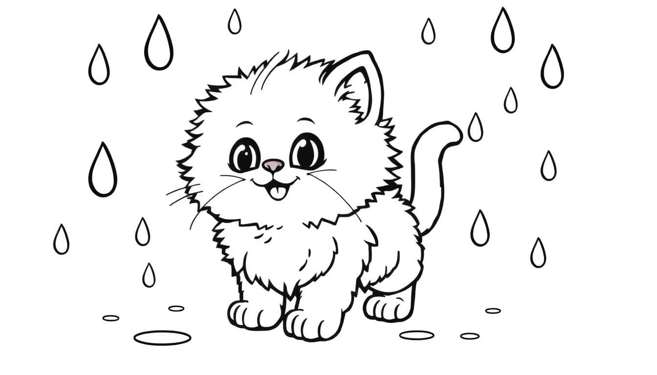 Una placa para colorear de un gatito lindo bajo la lluvia.