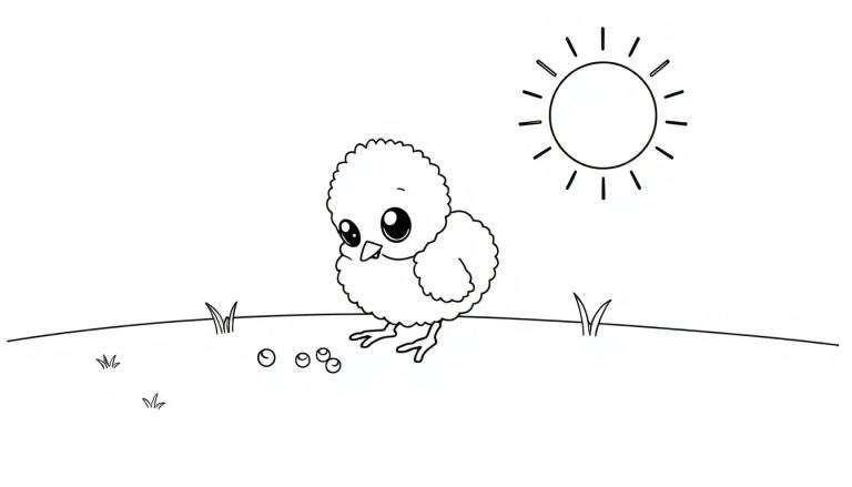 Un dibujo lineal en blanco y negro de un pollito tierno picoteando semillas en un campo soleado. La placa de color presenta un sol brillante en la esquina superior derecha y unas briznas de hierba.