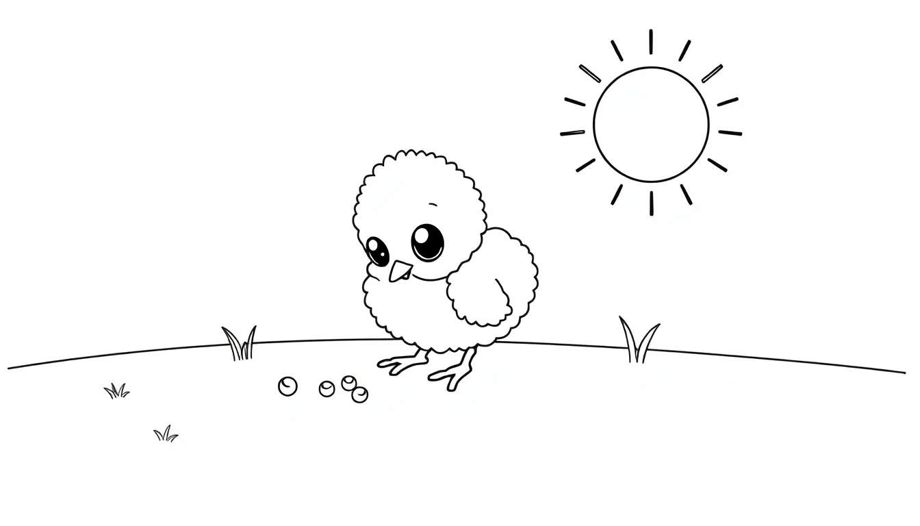 Un dibujo lineal en blanco y negro de un pollito tierno picoteando semillas en un campo soleado. La placa de color presenta un sol brillante en la esquina superior derecha y unas briznas de hierba.