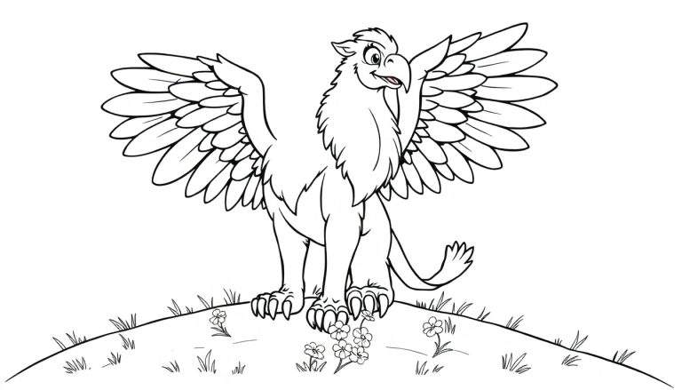 Un grifo de dibujos animados para colorear sobre una colina de hierba. Placa de color.