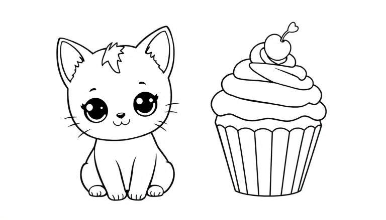 Página para colorear de un gatito kawaii con un pastelito gigante, lista para ser coloreada.