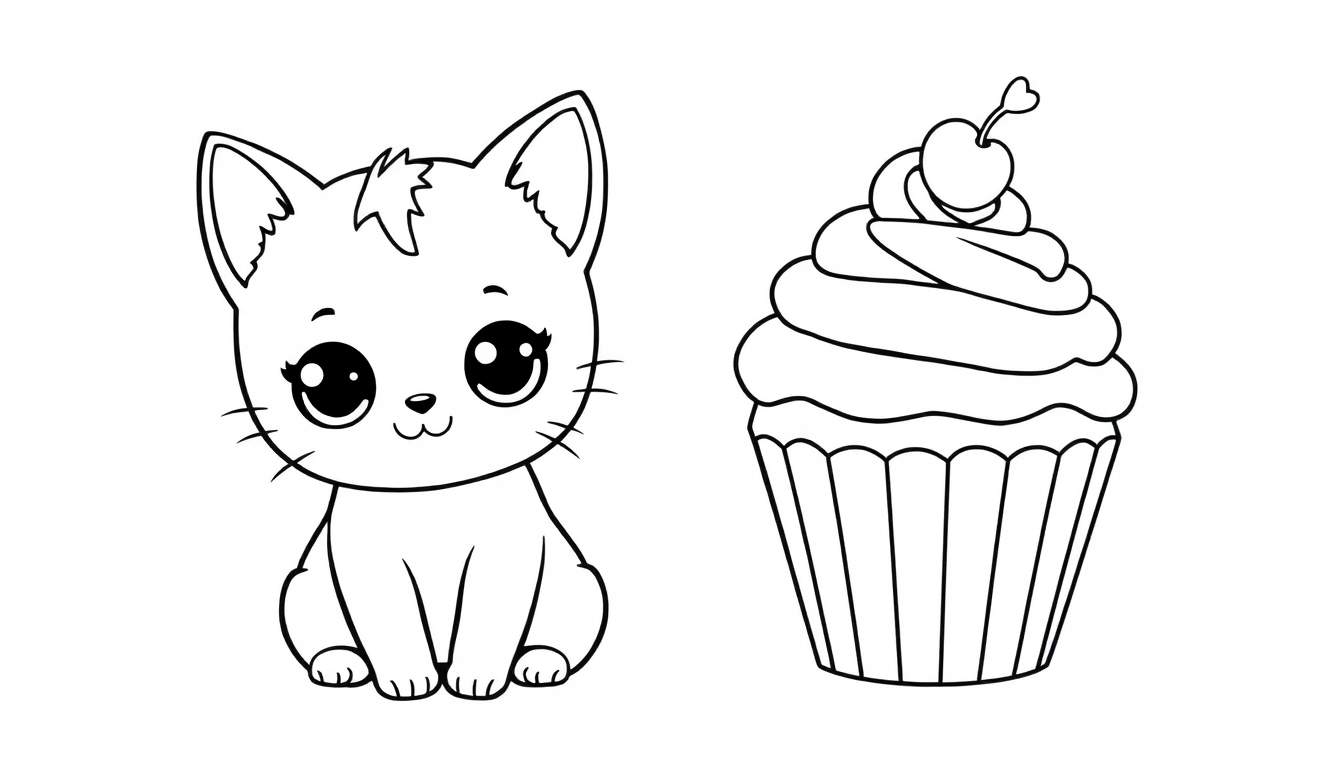 Página para colorear de un gatito kawaii con un pastelito gigante, lista para ser coloreada.