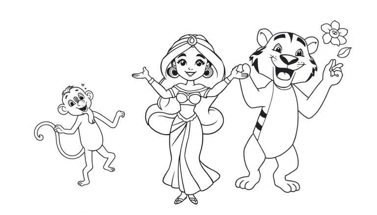 Página para colorear de Jazmín, Abu y Rajah, estilo lindo y simple, blanco y negro.